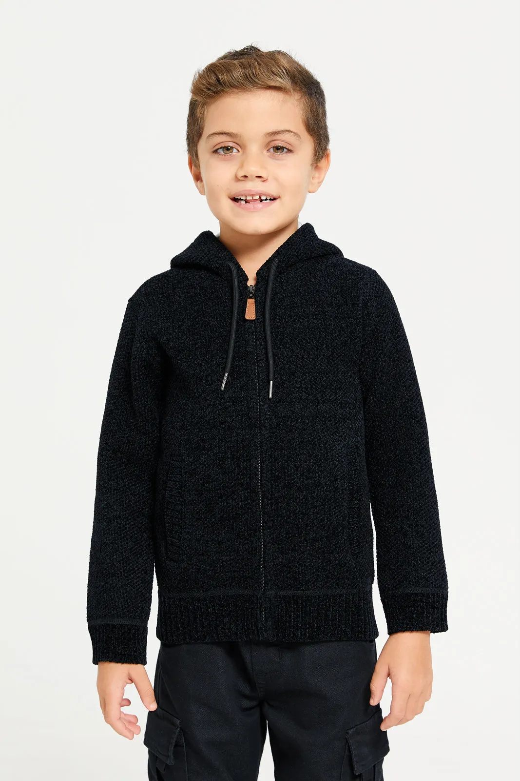 Boys Black Zip Thru Hooded Chenille Cardigan