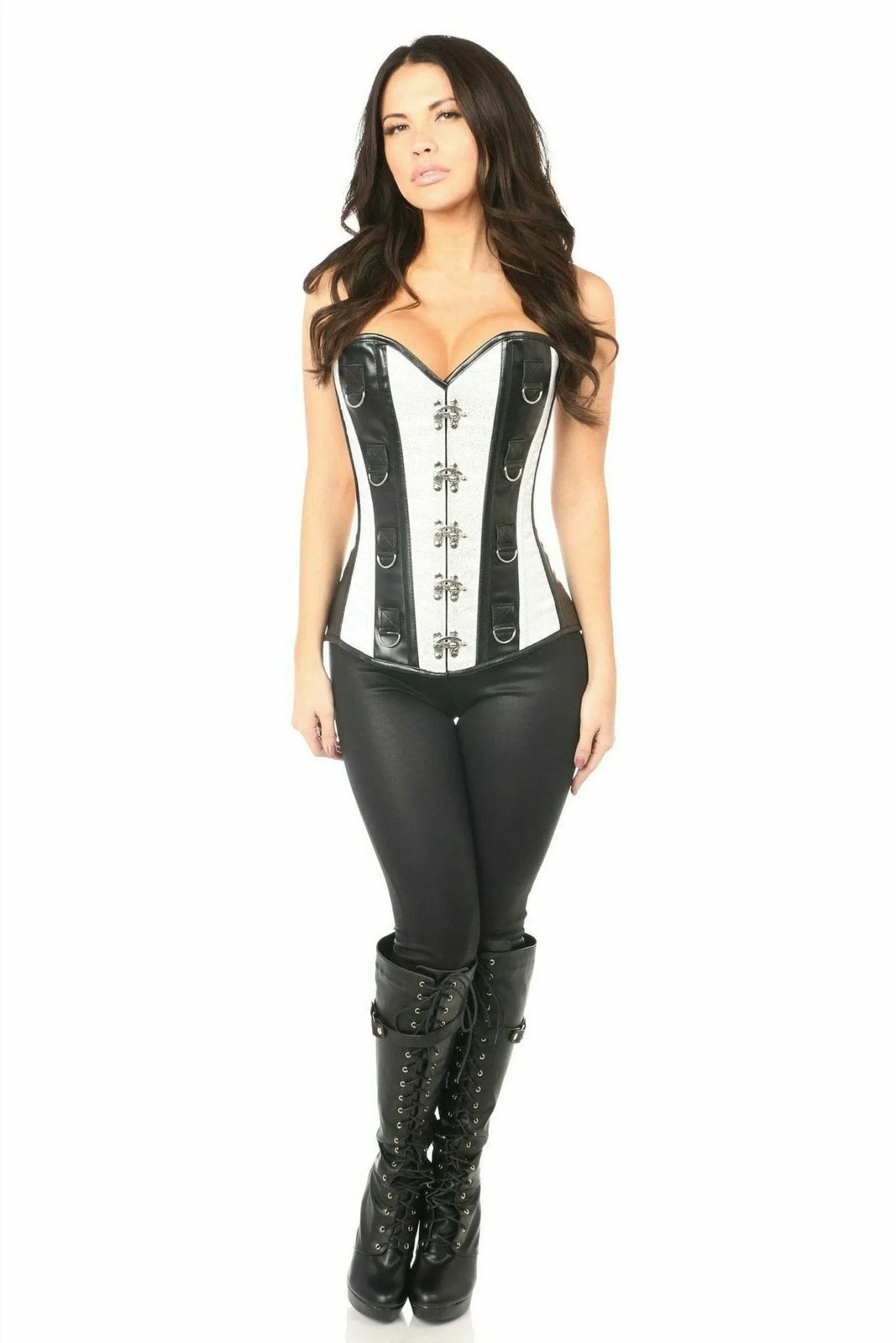 Deluxe White Brocade & Faux Leather Steel Boned Corset