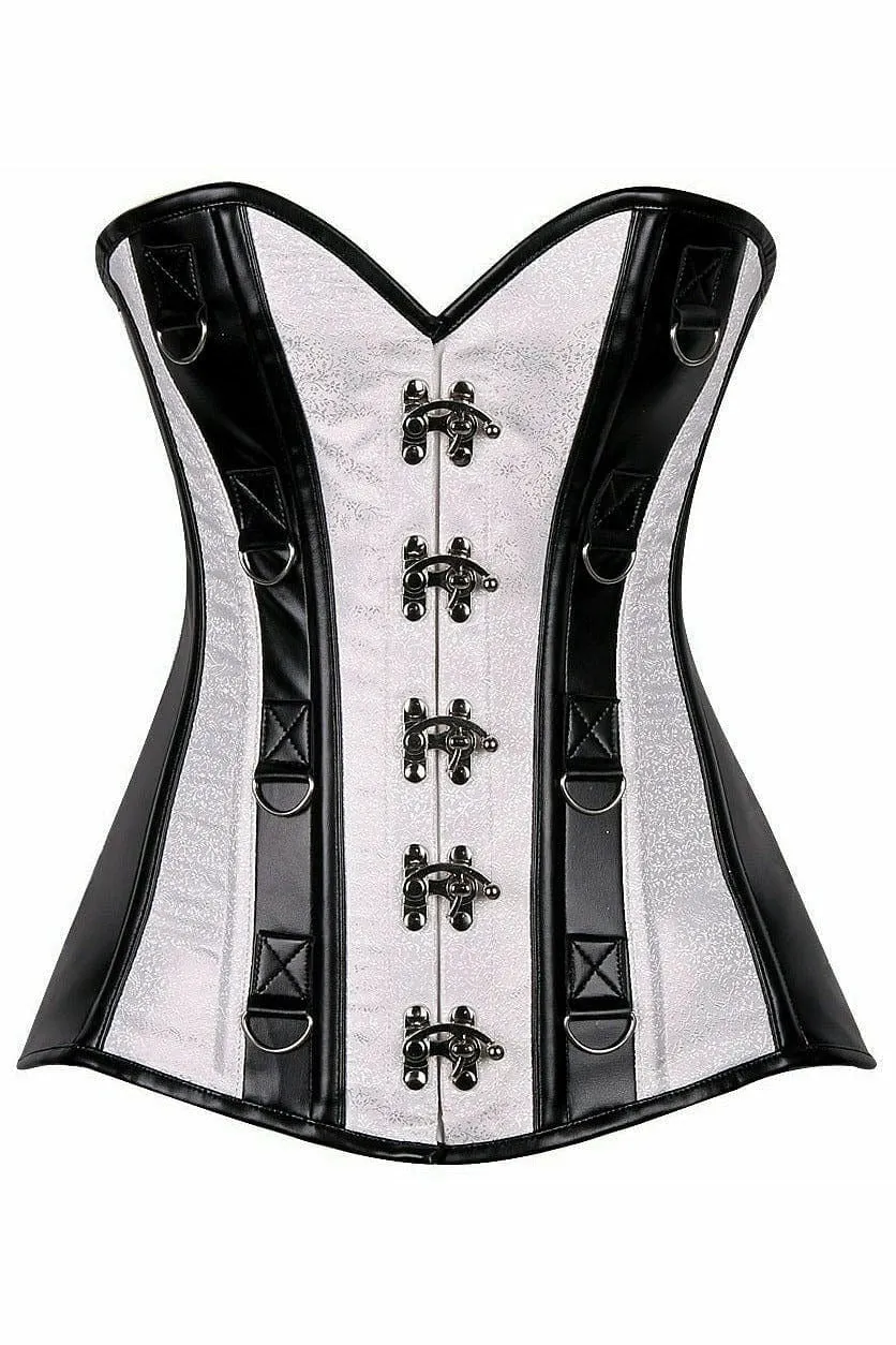 Deluxe White Brocade & Faux Leather Steel Boned Corset