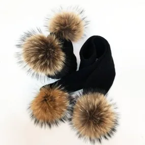 Double Pom Hat & Scarf Set - Black with Natural Pom