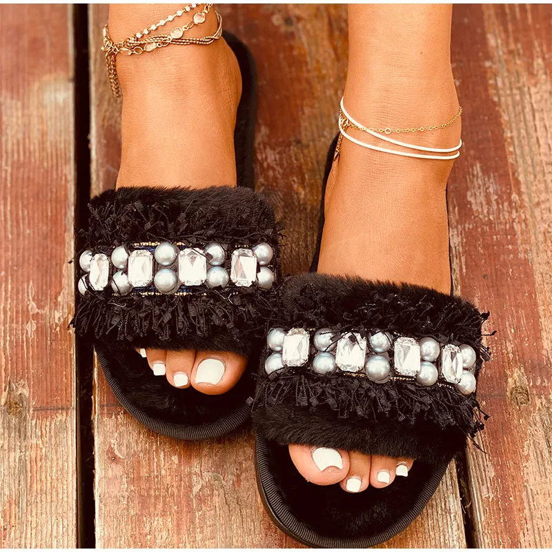 elveswallet Luxury Beaded Furry Plush Slippers