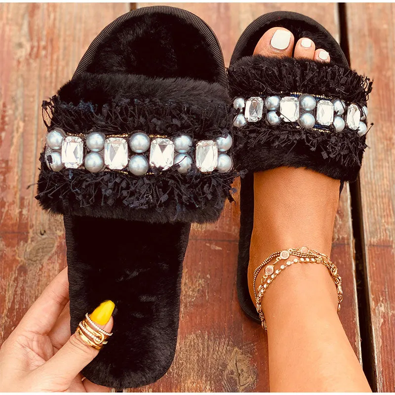 elveswallet Luxury Beaded Furry Plush Slippers