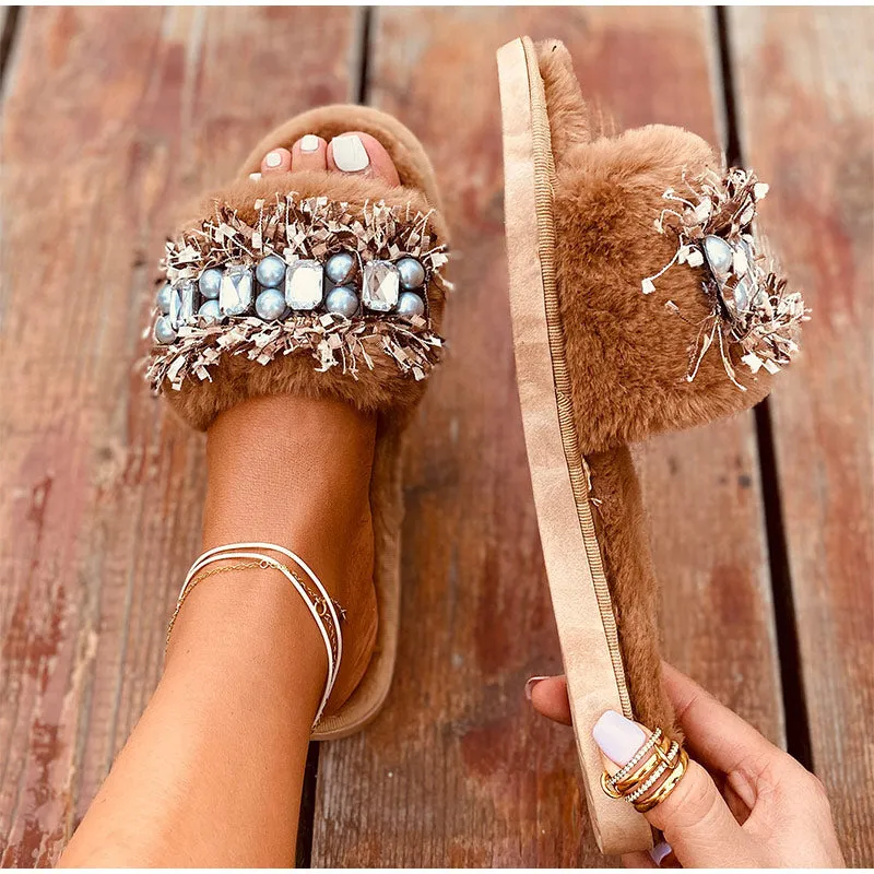 elveswallet Luxury Beaded Furry Plush Slippers