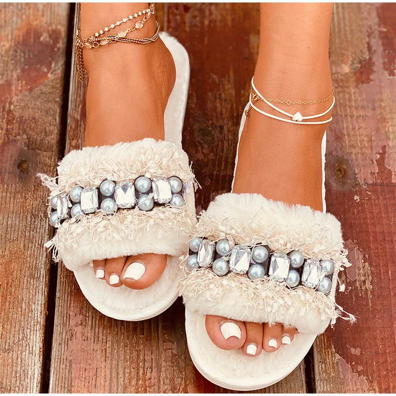 elveswallet Luxury Beaded Furry Plush Slippers