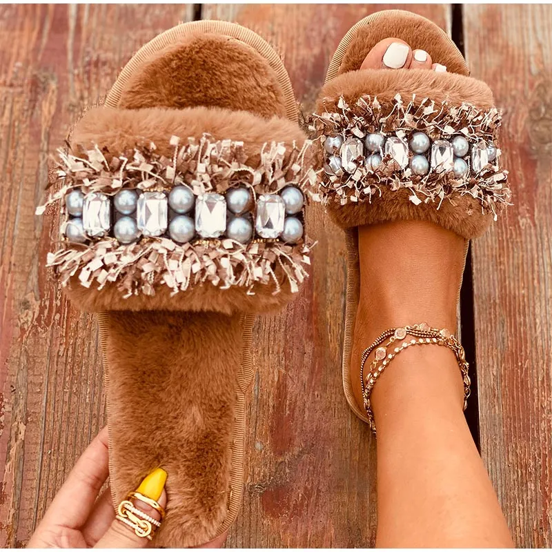 elveswallet Luxury Beaded Furry Plush Slippers