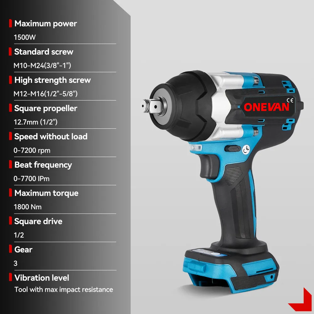 ONEVAN 1/2" 1800N·m Torque Brushless Cordless Impact Wrench | For Makita 18V Battery